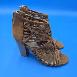 GUESS Ladies Gladiator Heels Brown US Size‎ 9.5M Faux Suede Zipper Back